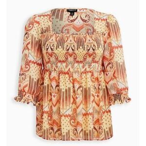 Torrid Babydoll Blouse Plus Size 1X Chiffon Smocked Yellow Orange